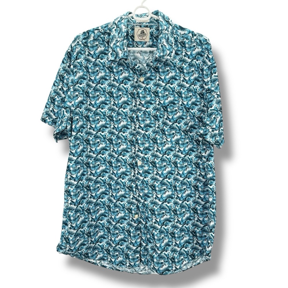Kennington Hawaiian Shirt XL Blue Tropical Palm Print Cotton Aloha Made In Peru
